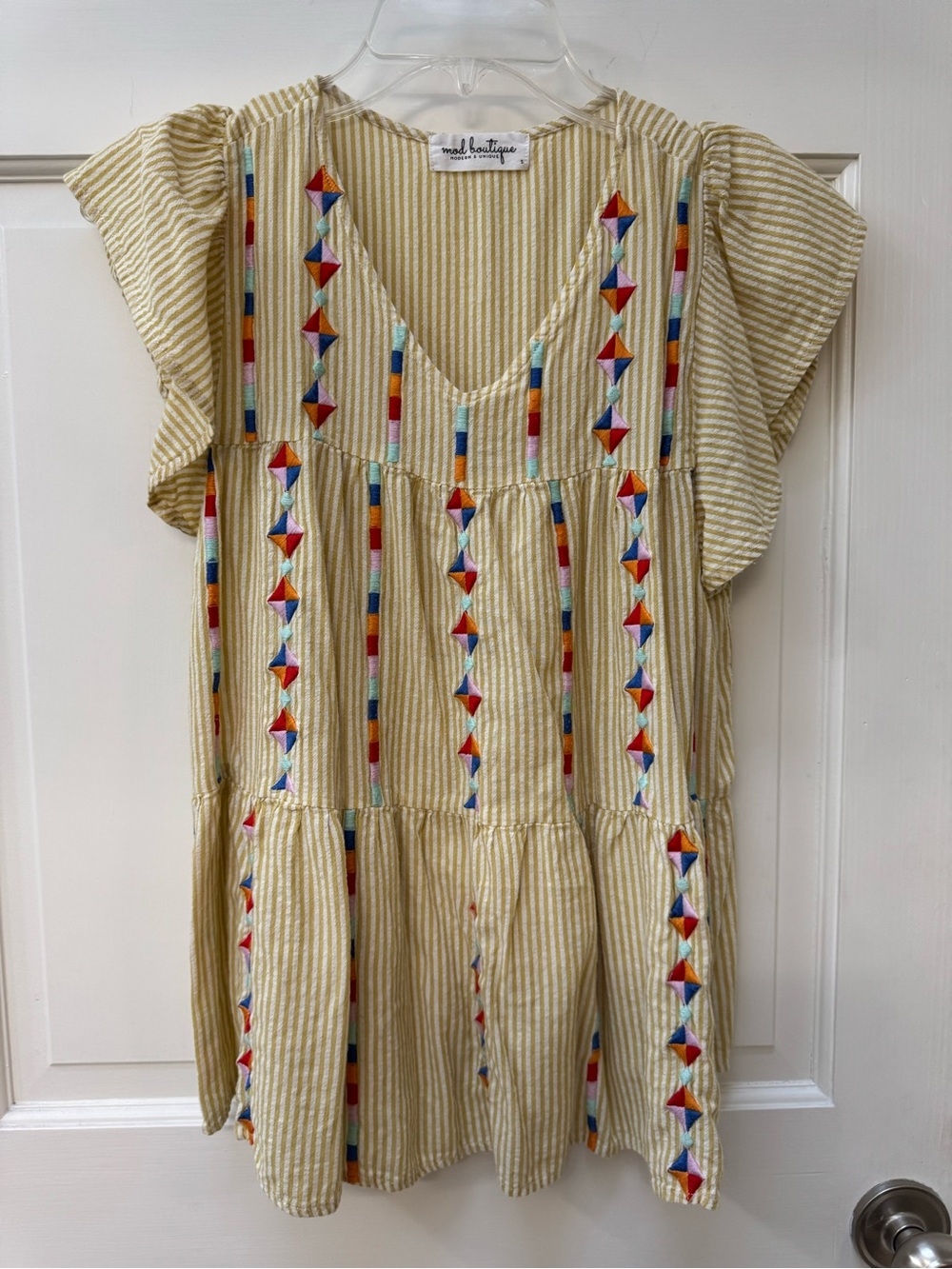 Savanna Jane Cream and Yellow Striped Embroidered Flutter Sleeve Tunic
